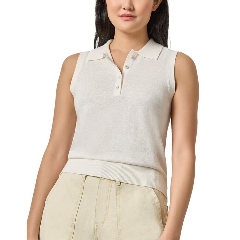 Lilla P Womens Sleeveless Linen-Blend Polo Sweater, White